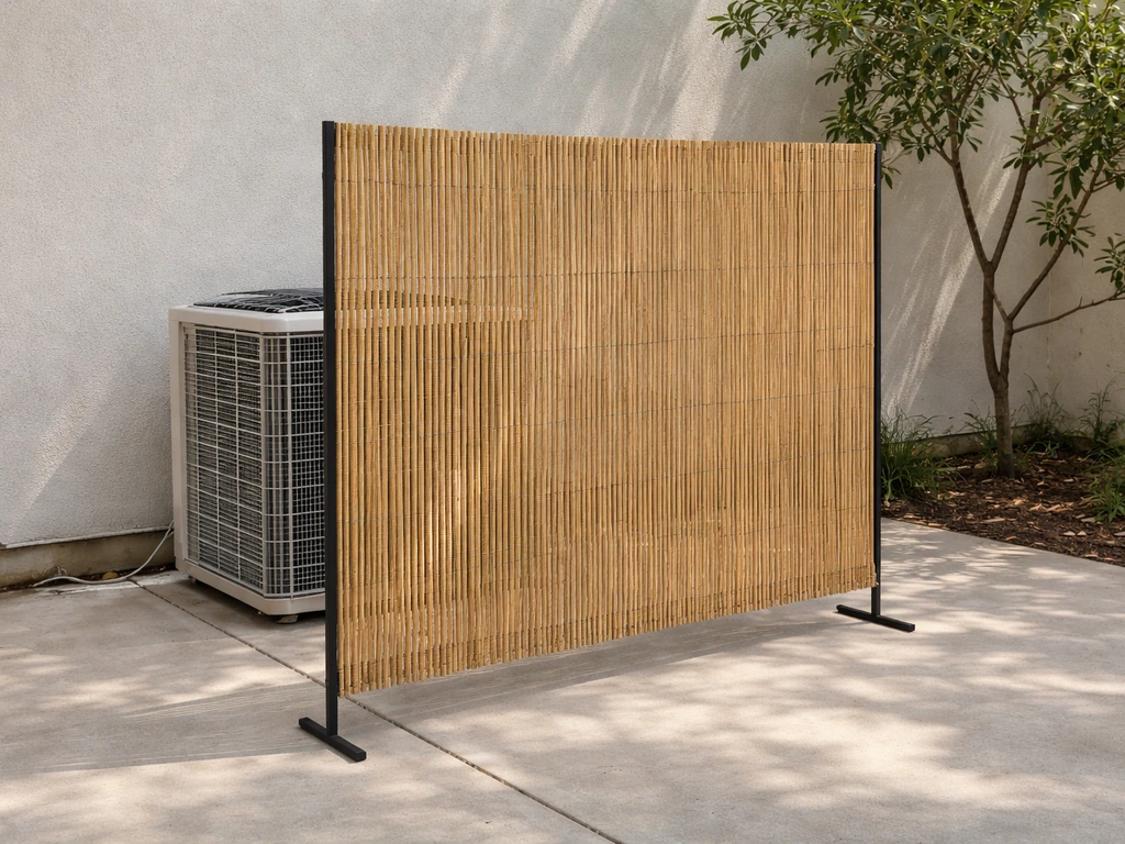 Bamboo reed patio screen partially blocks an outdoor AC condenser with open airflow sides.