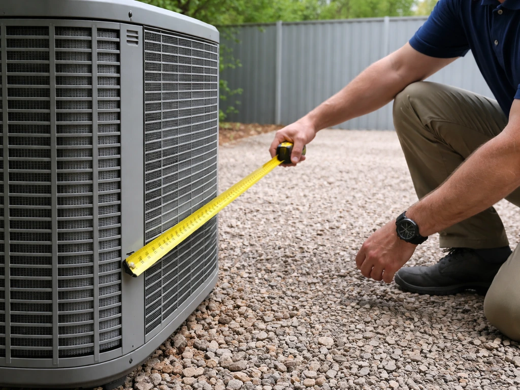 Tape measure held beside a generic AC condenser to show minimum side/coil-face clearance distance.