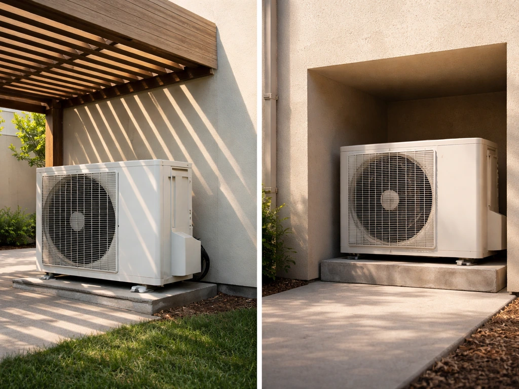 Two outdoor HVAC condenser setups: one under louvered shade, the other in a taller enclosure.