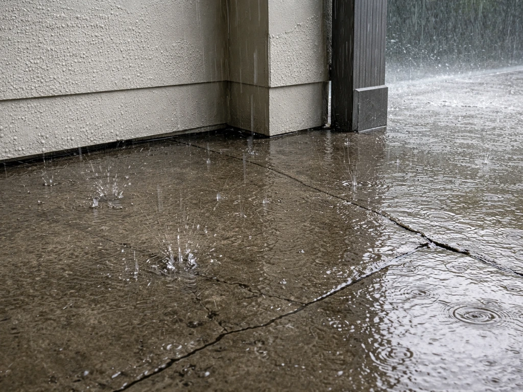 Rain pours onto an uncovered patio, splashing and scattering across wet concrete and pooling near the edges.