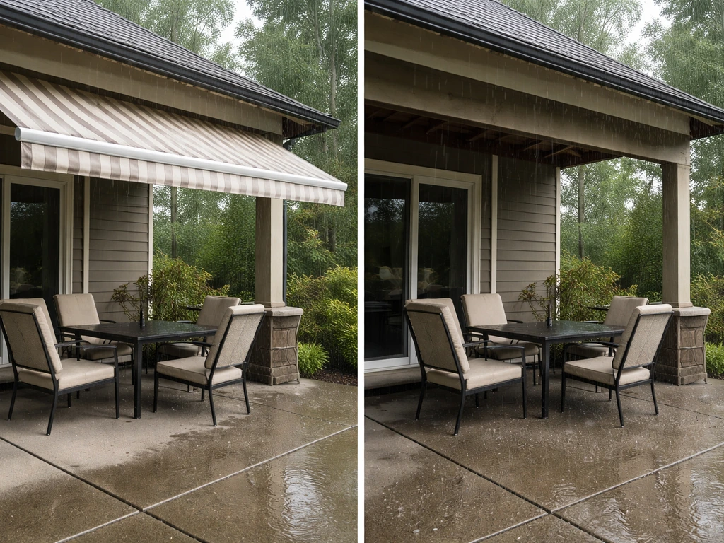 Two patio views showing an extended awning blocking rain and an open state letting water reach the area