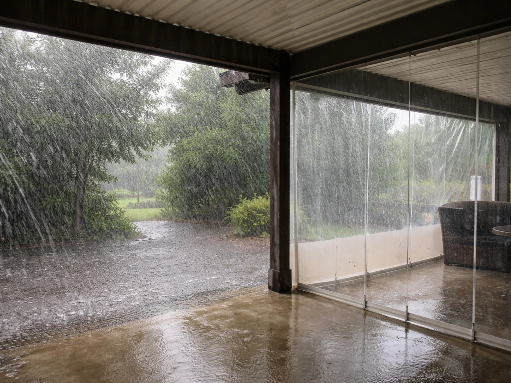 Rain blowing through an open patio side versus blocked by clear curtain wind screens.