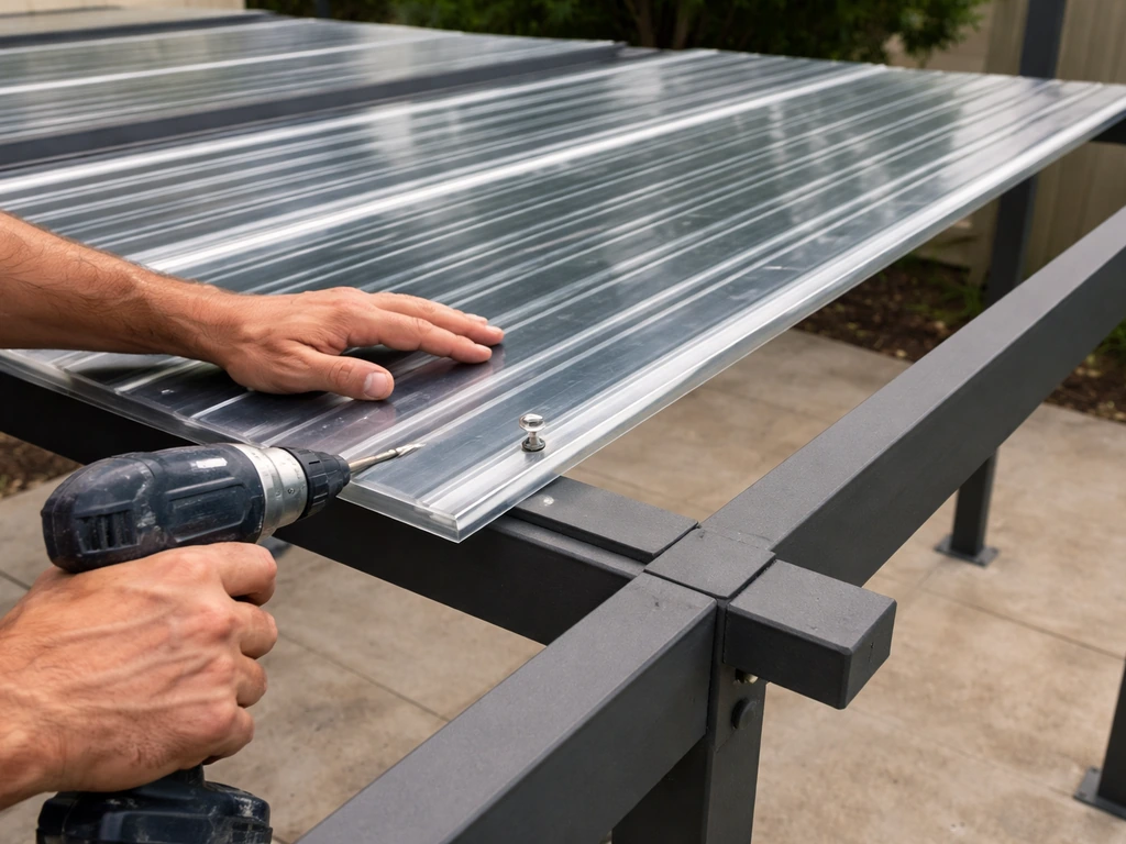 Hands secure a clear polycarbonate panel on a patio cover frame with visible screws and alignment.