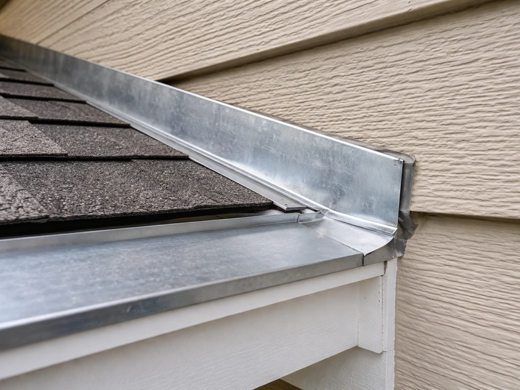 Close-up of wall flashing installed where a patio cover meets the house wall, overlapping correctly.
