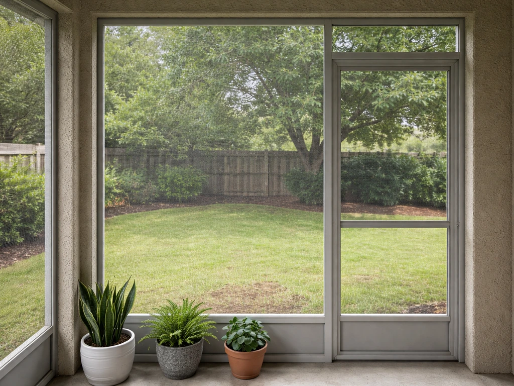 Residential patio enclosure with newly rescreened mesh and a reseated screen frame in natural light.