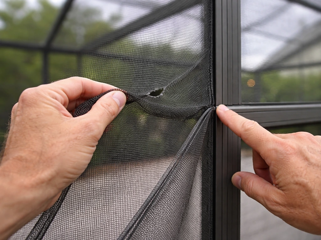 Close-up of hands inspecting patio screen panels along a frame, showing a small tear and loose spline.