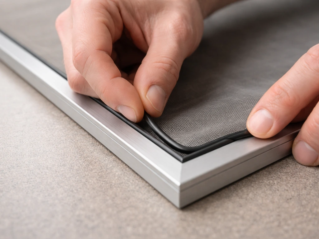 Close-up of spline seated in a frame groove with screen material evenly positioned before rolling in.