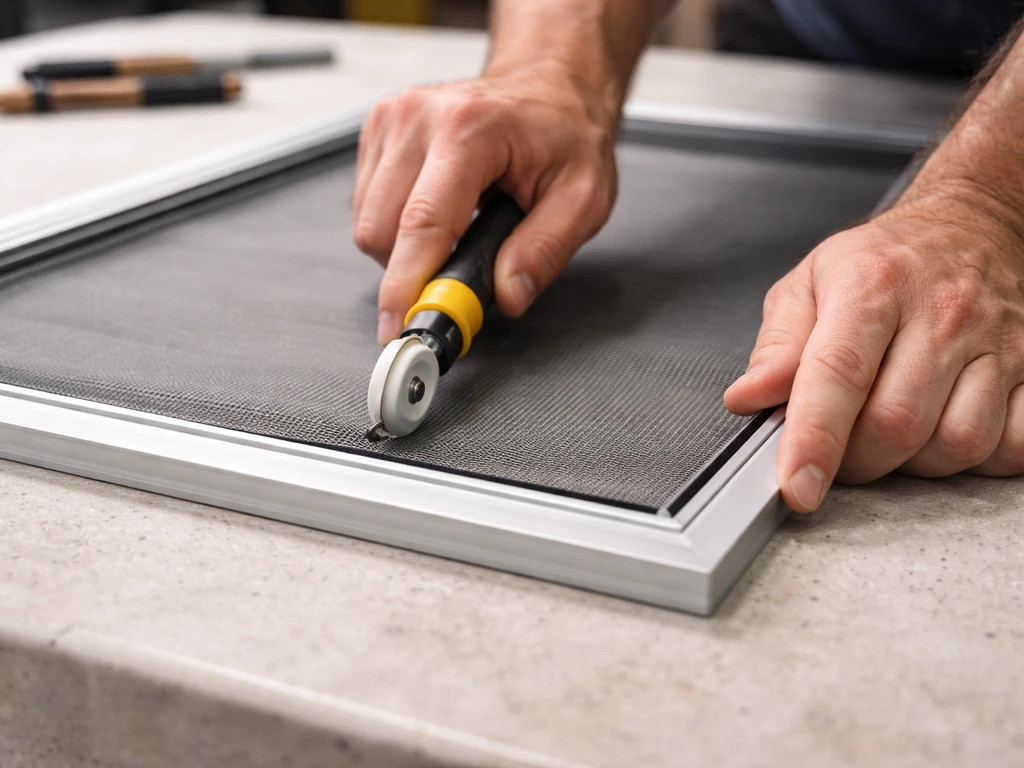Hands tension new window screen mesh and press the spline into the frame for a tight fit.