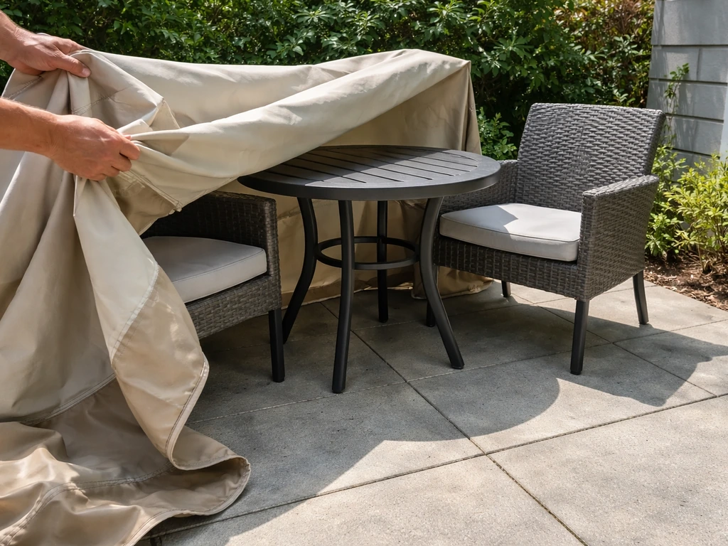 Hands lifting a patio furniture cover, with chairs and table being placed out to air by a home patio