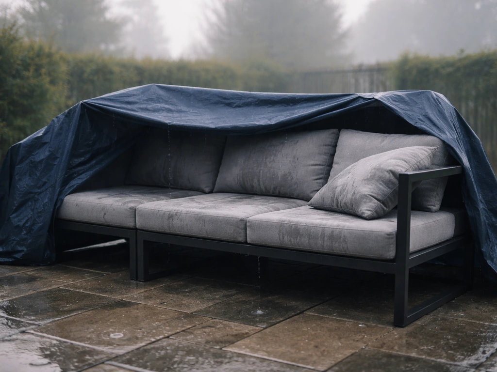Patio furniture covered with a tarp after a rainy spell, damp morning air and wet yard backdrop.