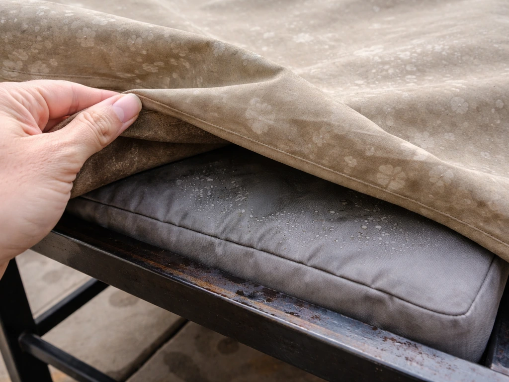Close-up of patio furniture cover lifted, showing mildew spots and damp metal frame rust.