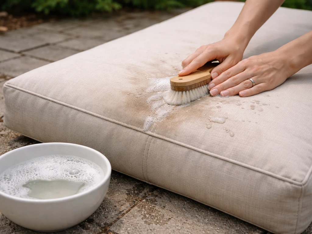 Outdoor cushion fabric being spot-cleaned with a soft brush and soapy water