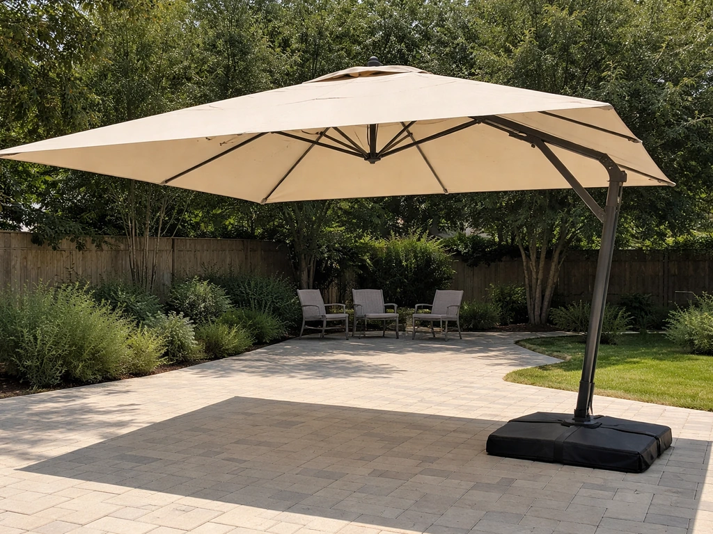 Fully open rectangular cantilever patio umbrella in a sunny backyard patio, showing the base silhouette.
