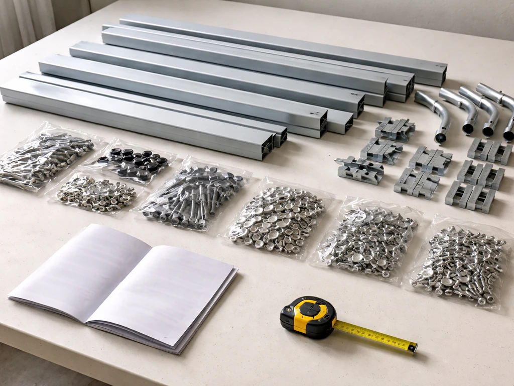 Sunnyglade canopy parts laid out on a clean table, with a tape measure and hardware ready for model check
