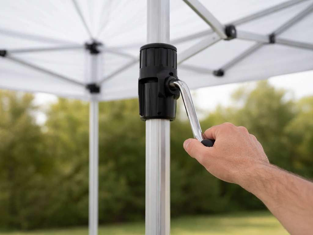 Crank handle inserted into main pole socket as it’s turned clockwise to open a rectangular canopy.