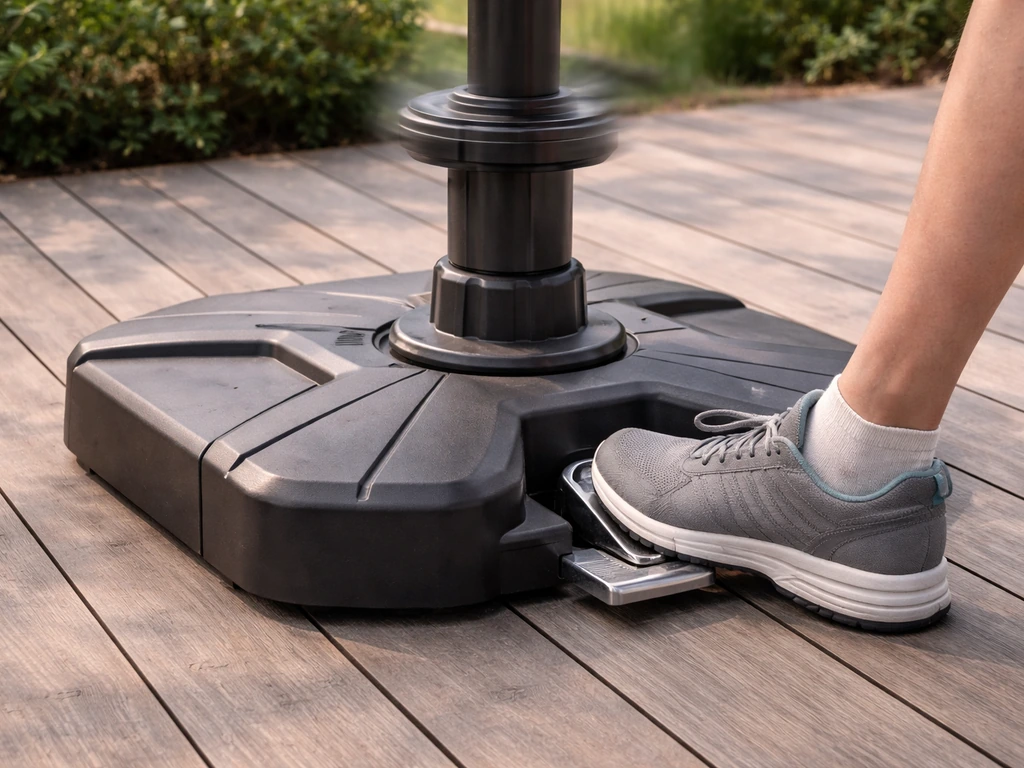 Close-up of a patio canopy base with the foot pedal pressed, canopy pole rotating 360 degrees.