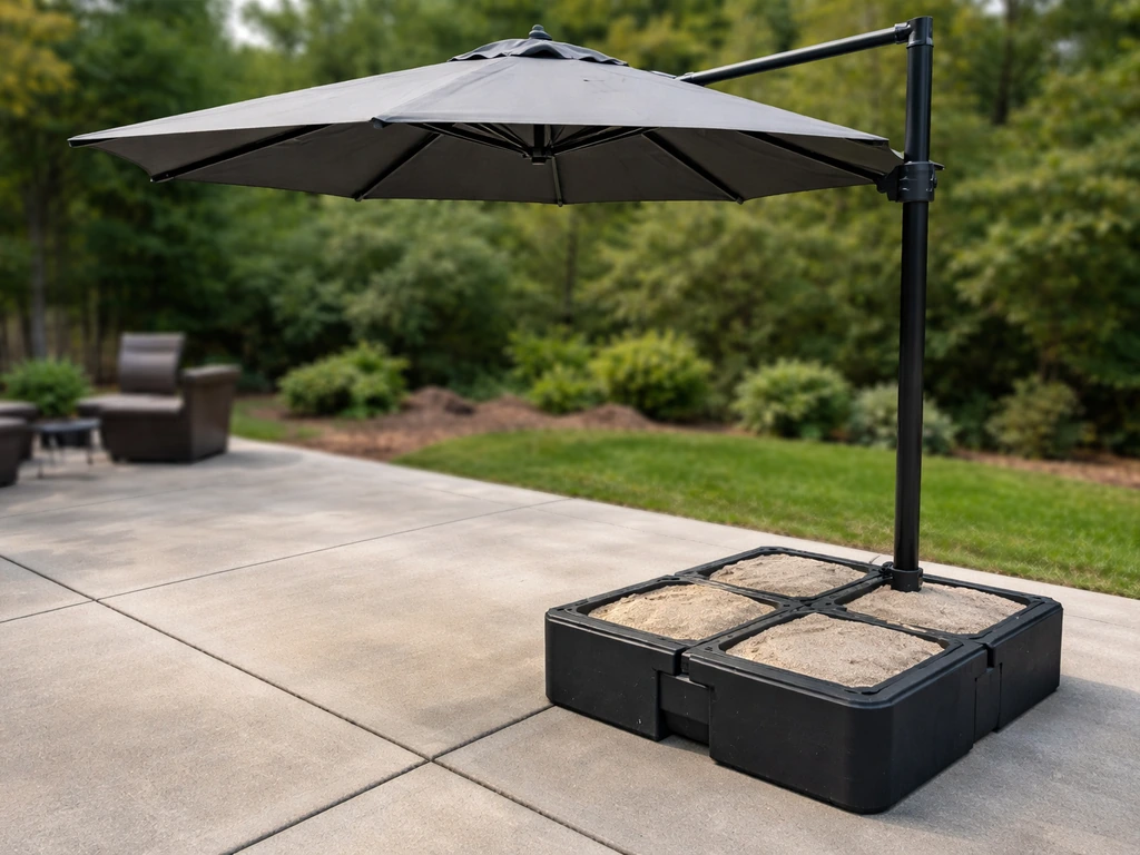 Cantilever canopy with weighted base filled with sand on concrete, showing stable placement against wind