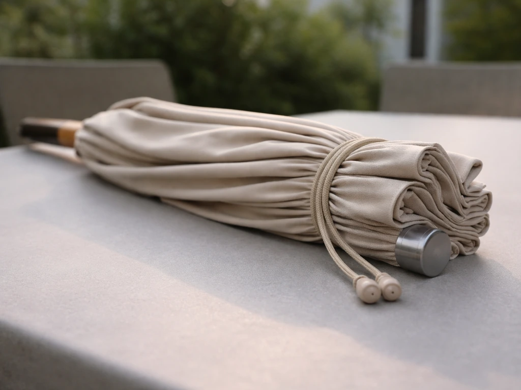 Closed patio umbrella laid flat on a patio table, cord area visible, outdoors in natural light.