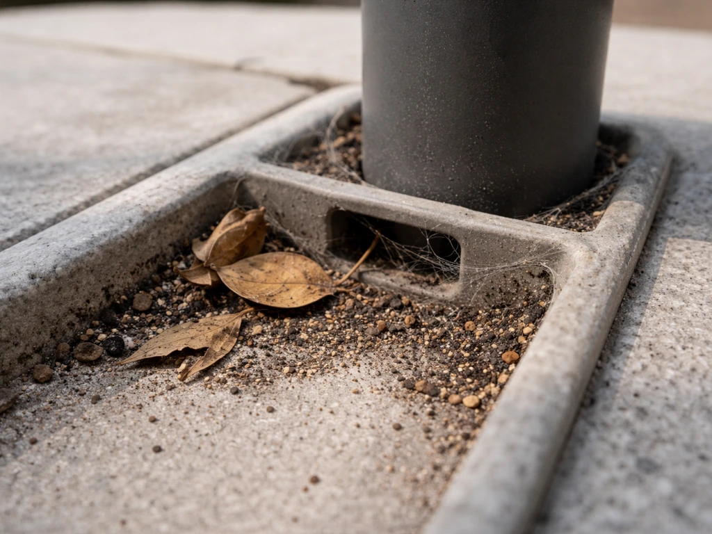 Close-up of dried leaves, dust, and spider web strands caught around an outdoor cord guide near an umbrella pole.