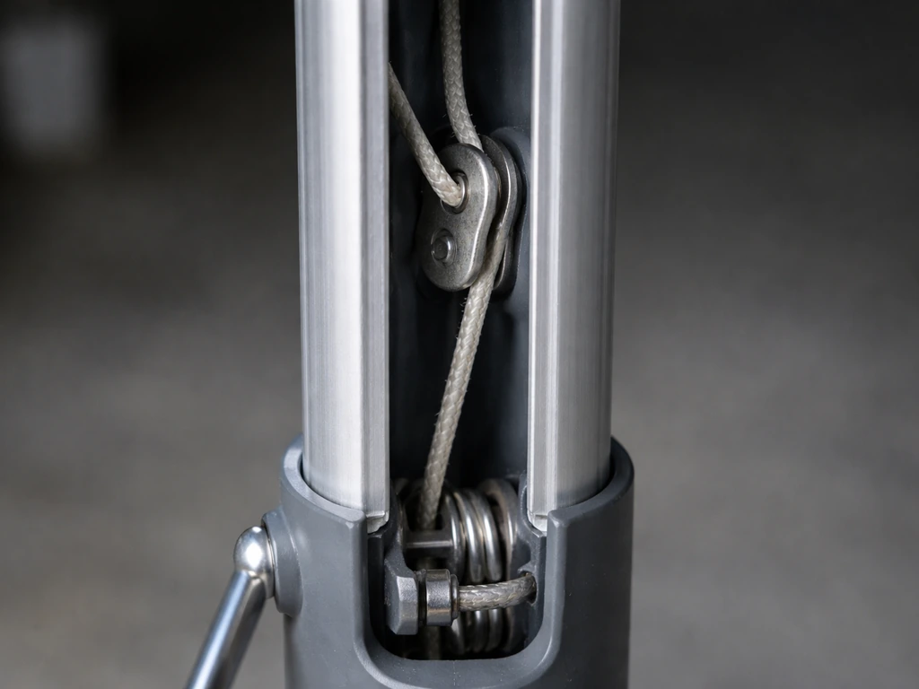 Open pull-cord umbrella pole interior showing a misaligned cord and small pulley near the crank lift mechanism.