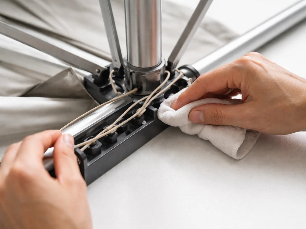 Hands carefully freeing an umbrella cord along the guide/pulley path with the canopy removed.