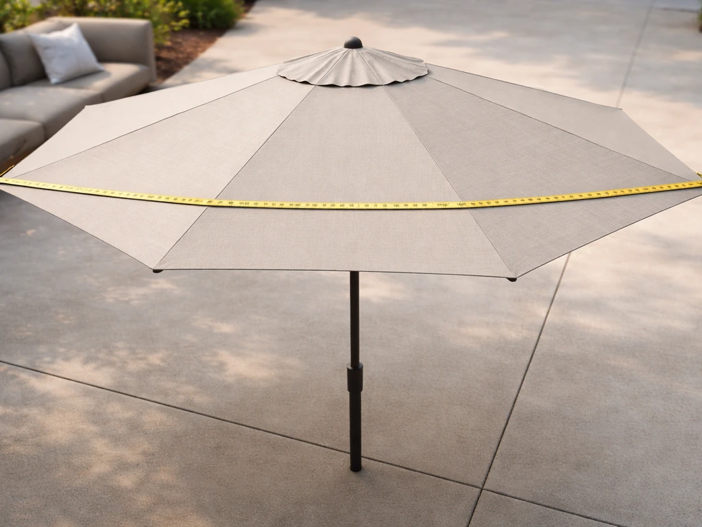 Fully opened patio umbrella with a tape measure laid across the canopy to measure diameter and rib-tip coverage.
