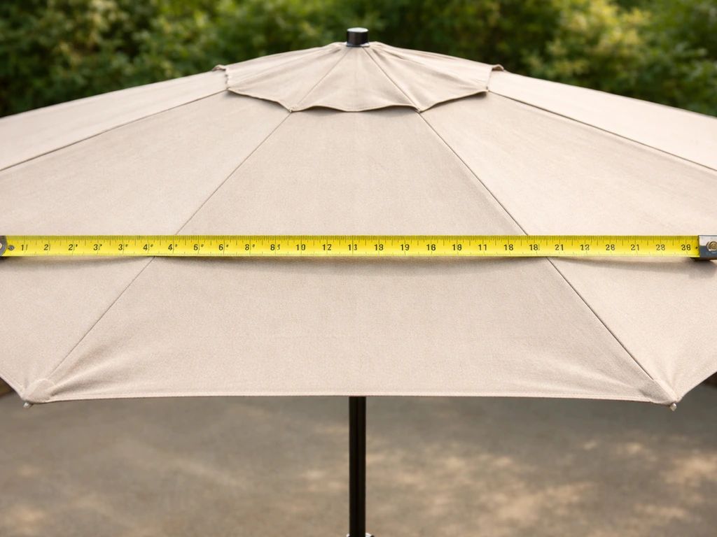 Close-up of an open patio umbrella canopy with a tape measure stretched tip to tip across the outer ribs.