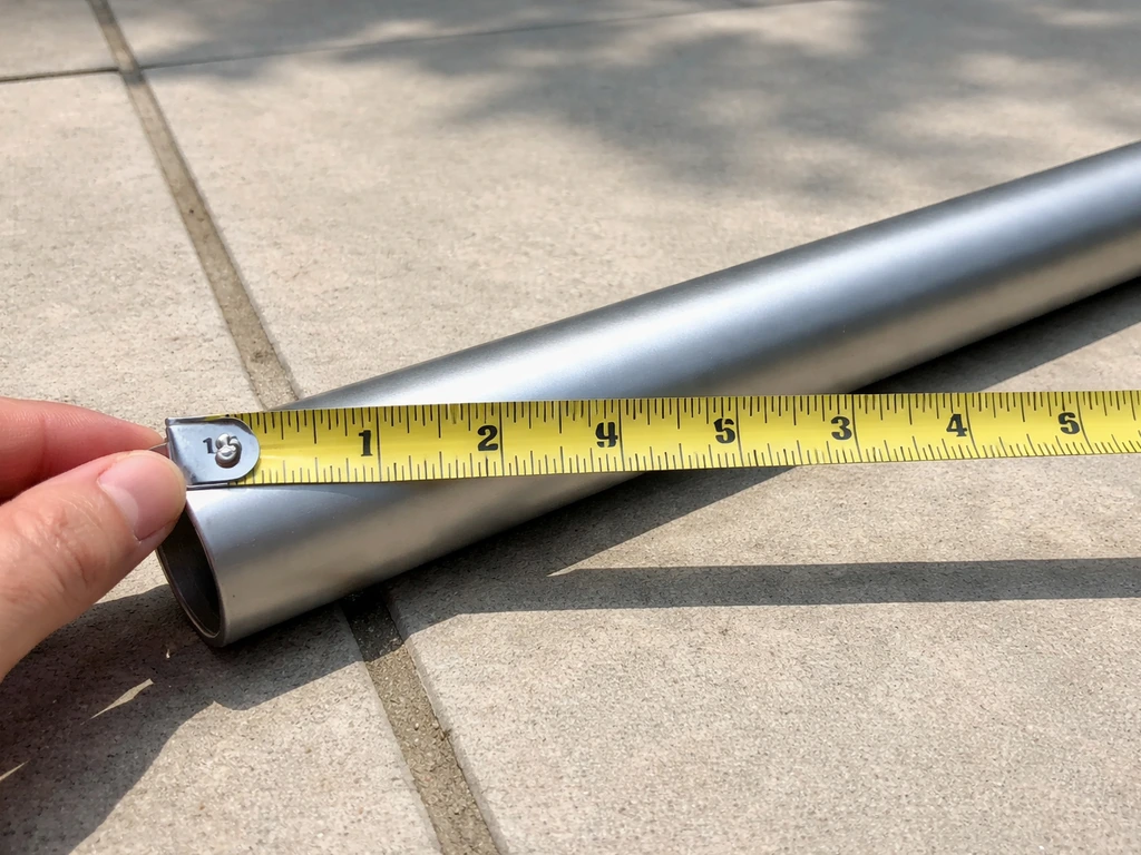 A tape measure measures the diameter of an umbrella pole laid flat on a patio surface.