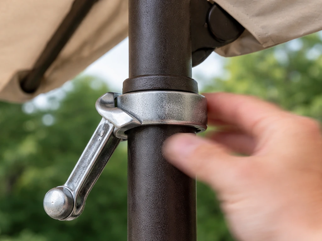 Close-up of a collar-tilt ring on a pole being twisted, with the canopy partially tilted.