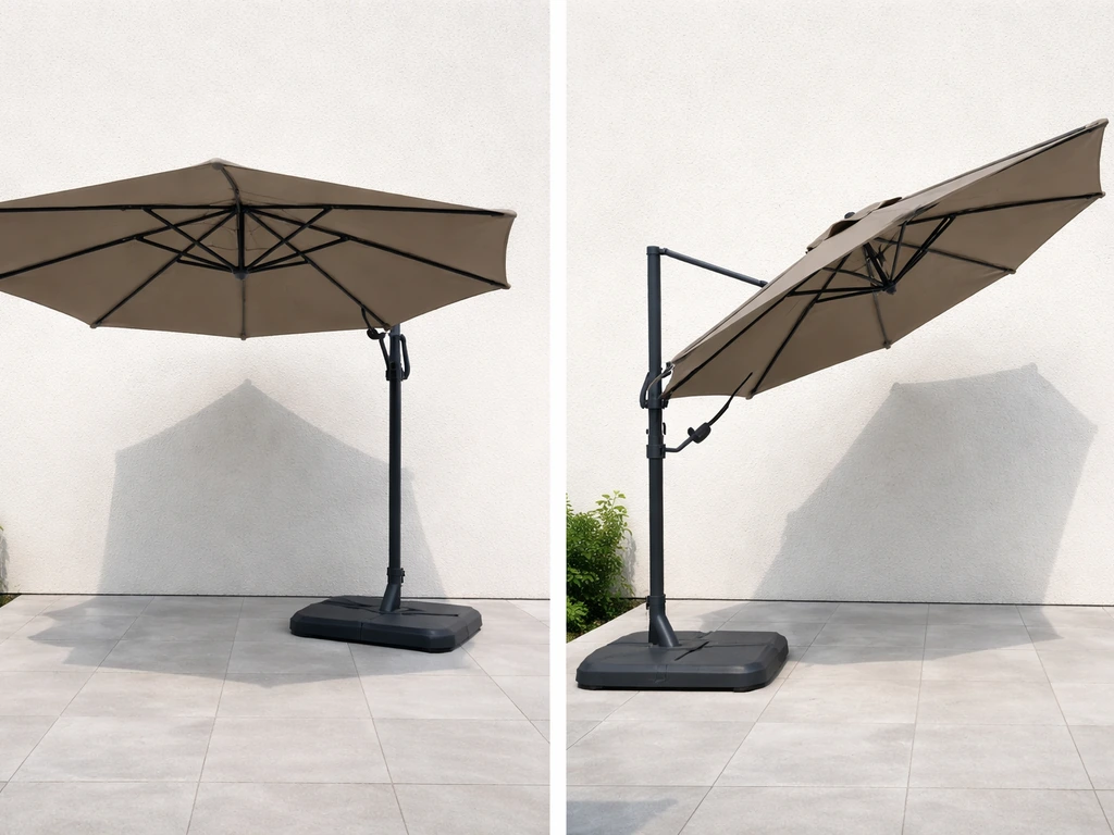 Patio umbrella with canopy fully extended, then slightly tilted after cranking the handle.