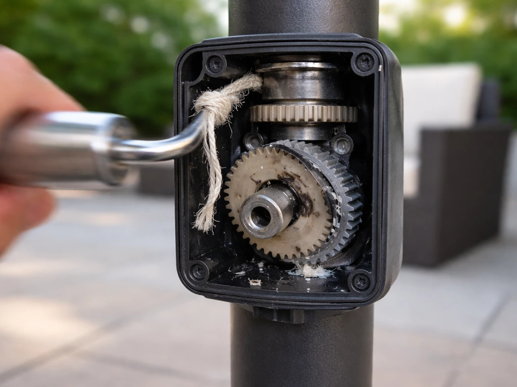 Patio umbrella tilt mechanism close-up showing disengaged crank housing and loosened internal cord