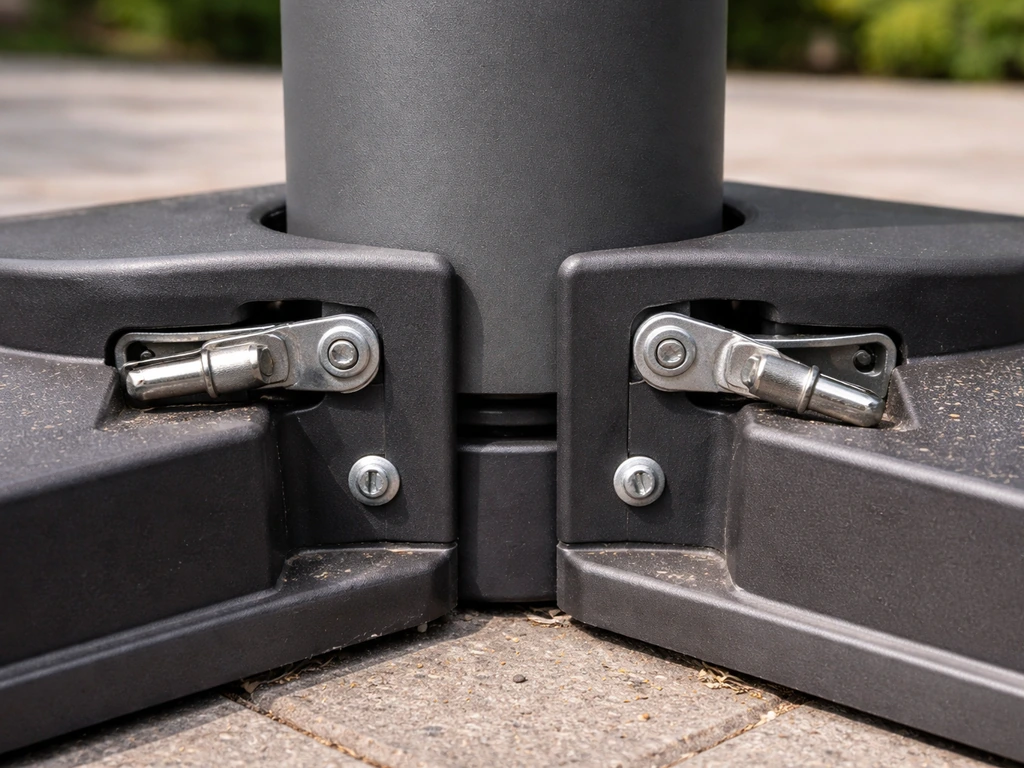 Close-up of a cantilever umbrella base with a locking pin/lever partially engaged on one side, uneven tilt.