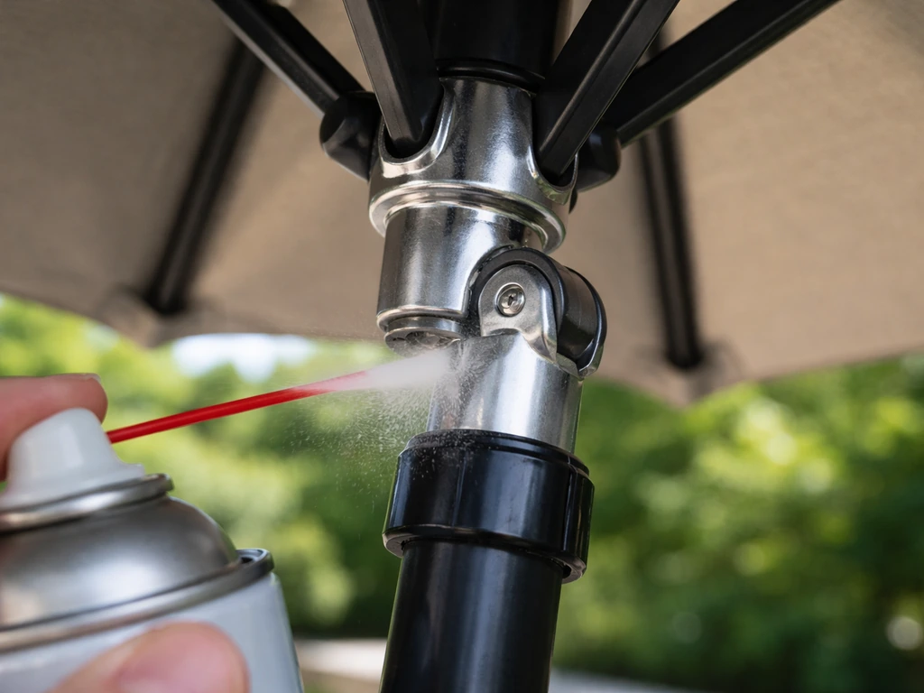 Close-up of silicone spray lubricating an umbrella tilt joint/collar with mechanism parts visible.