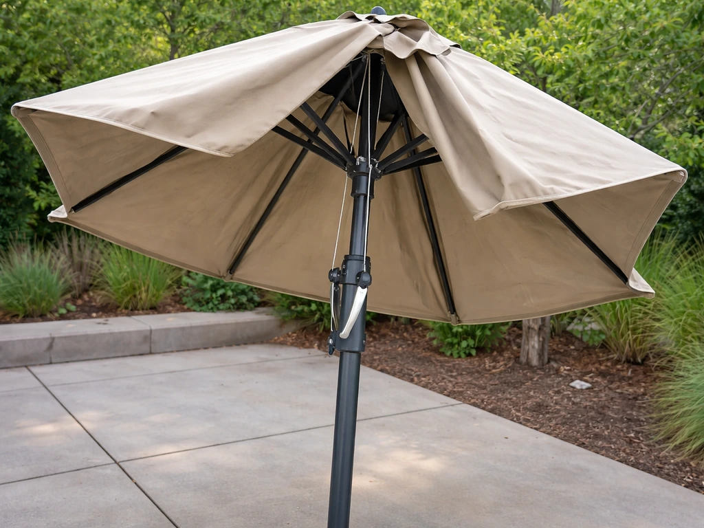 Half-open patio umbrella with the crank/pole area visible, indicating it won’t fully close.