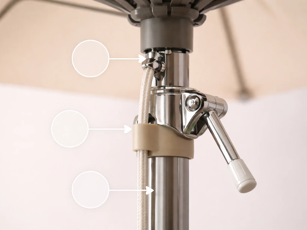 Close-up of an open umbrella mechanism showing the crank area, runner, and collar for troubleshooting