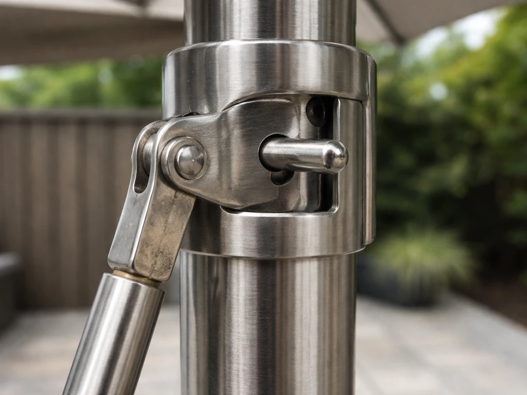 Close-up of a patio umbrella locking pin and runner track with the pin partially engaged.