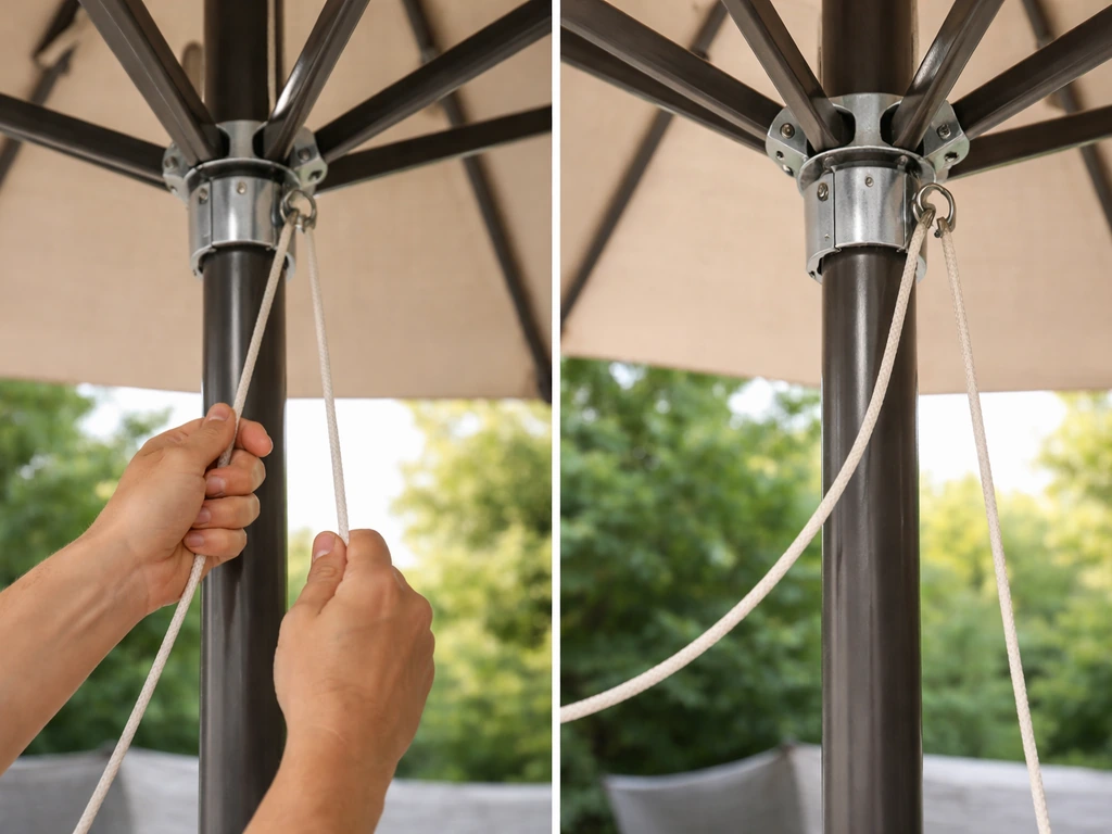 Hands lifting a patio umbrella cord through the pole, showing taut routing toward pulleys