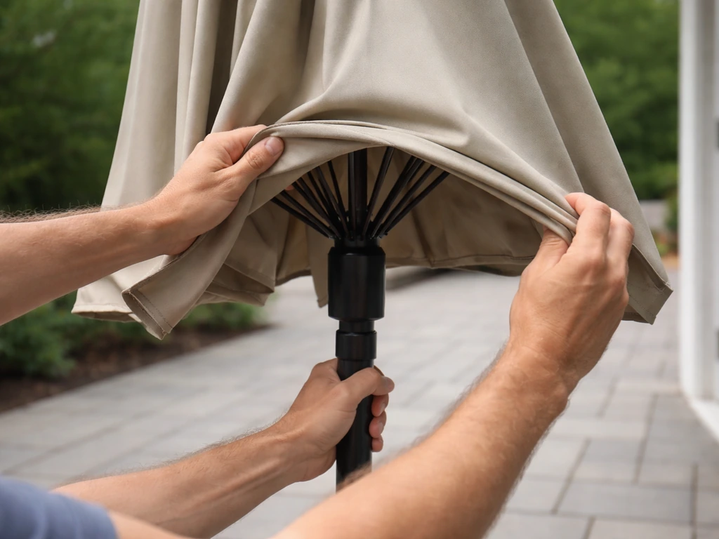 Hands carefully lowering a stuck umbrella canopy back toward horizontal outdoors