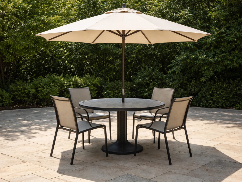 Patio dining table under an open umbrella, showing canopy overhang and base on the patio floor