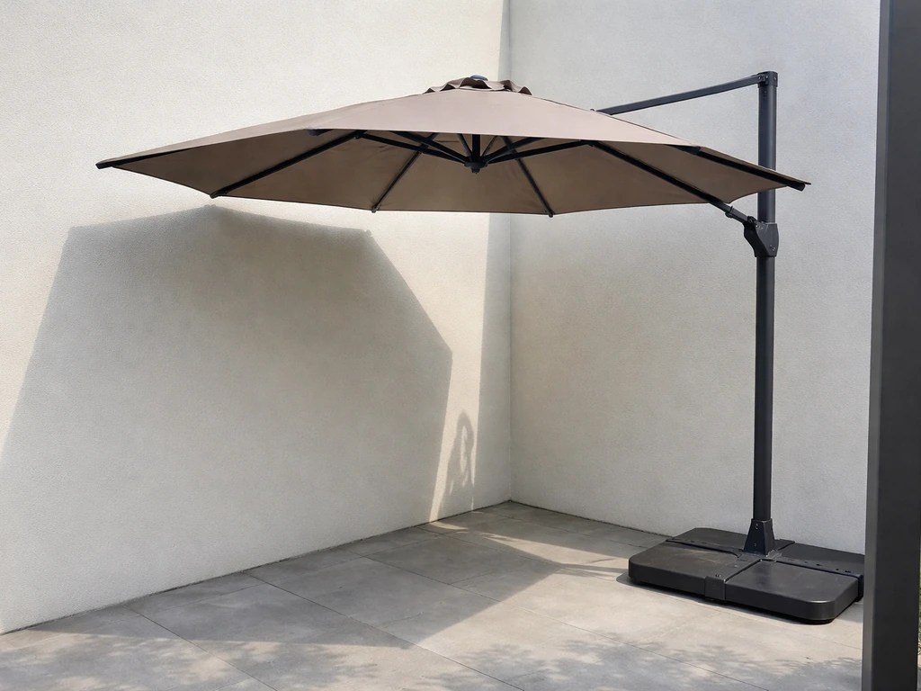 Offset cantilever umbrella with arm projecting, showing clear gap between canopy edge and wall/post.
