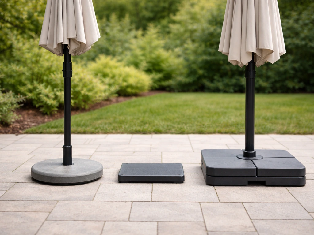 Patio umbrella base options on a patio with a simple scale-like cue to show heavier bases for larger canopies.