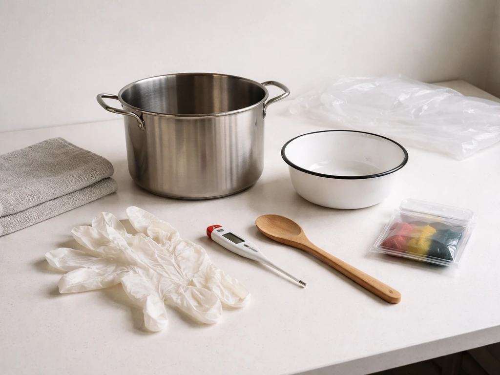 Dyeing essentials laid out on a clean counter: pot, gloves, thermometer, spoon, and safety towel.