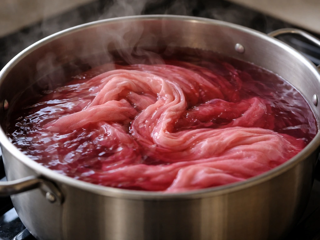Fabric canopy immersed in a hot dye bath pot, gently stirring for even color absorption