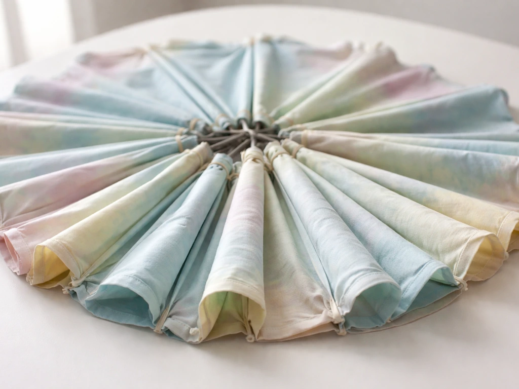 Folded tie-dye umbrella canopy panels wrapped with rubber bands aligned to rib pockets
