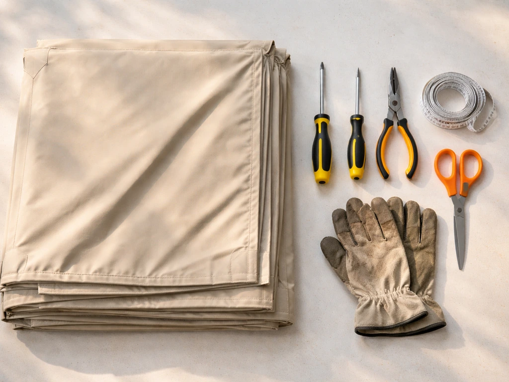 Flat-lay of a replacement canopy with screwdrivers, needle-nose pliers, scissors, measuring tape, and gloves.