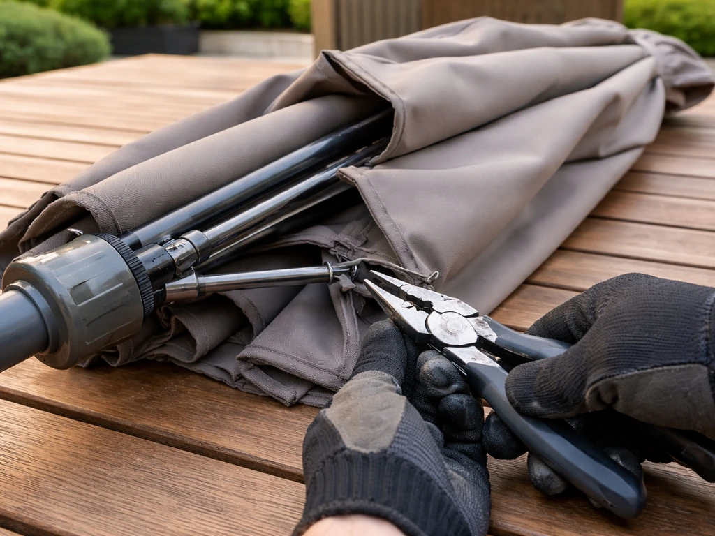 Collapsed umbrella on a table while hands loosen a partially detached canopy attachment safely.