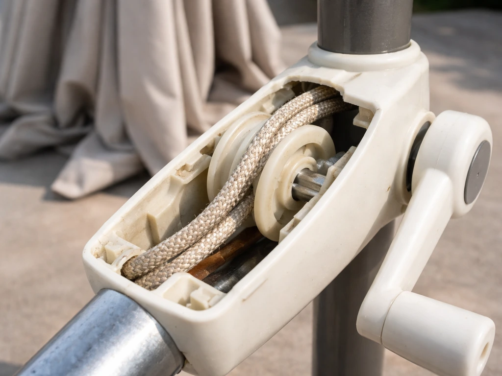 Close-up of an umbrella crank housing with internal cord and pulley, canopy not opening