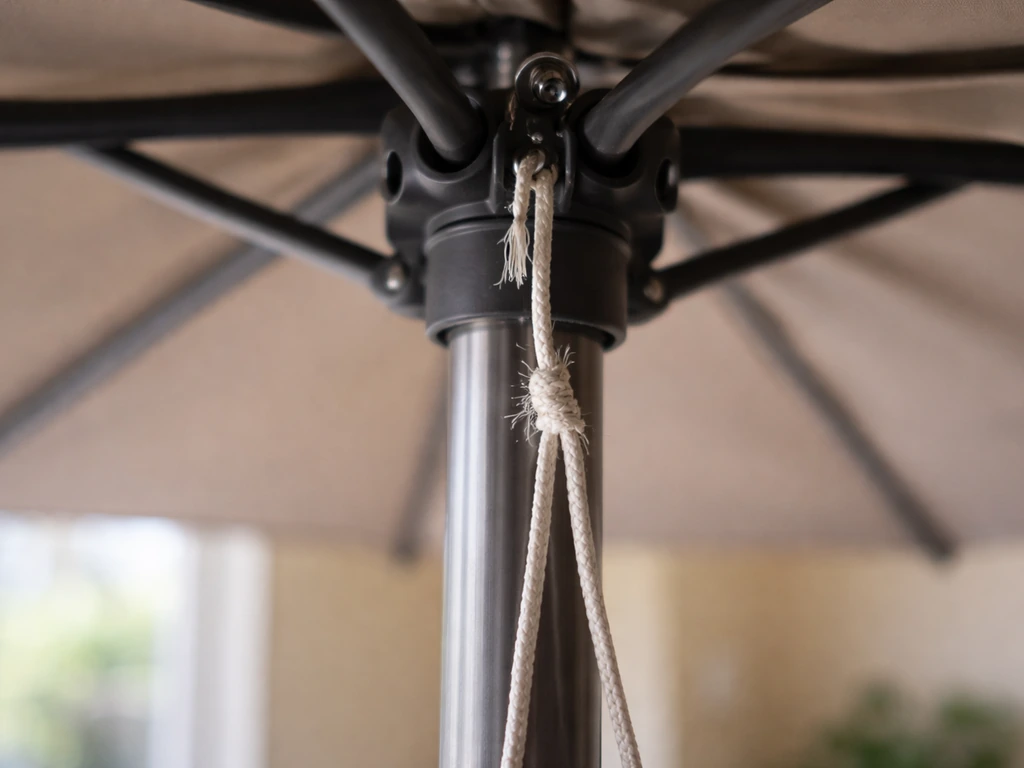 Close-up of an umbrella’s frayed, jammed pull cord loop near the top pulley over the center pole.