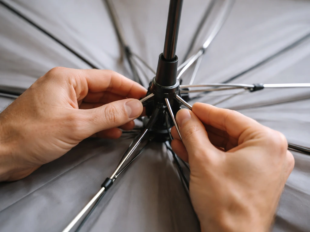 Close-up of umbrella canopy partially open, showing a snapped or bent rib near the hub.