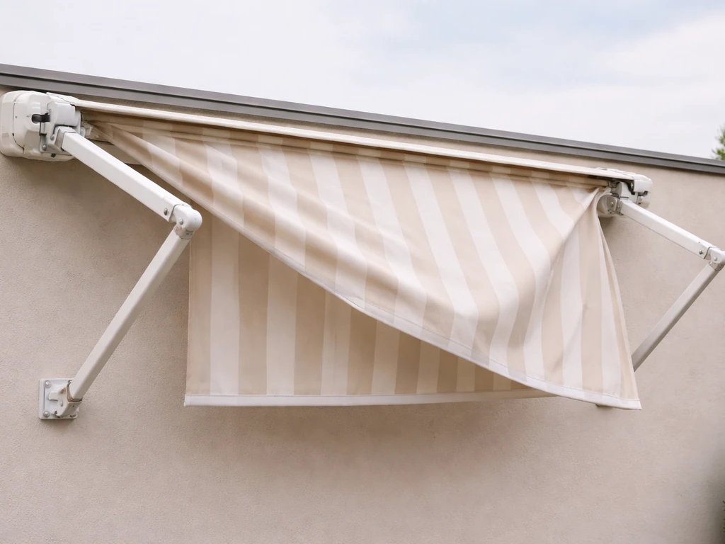 Partly extended patio awning with one support arm lower than the other, showing an uneven imbalance.